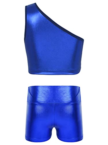 TiaoBug Kids Girls Shiny Metallic Crop Tops and Shorts Set Gymnastics Dance Outfits Yoga Dance Sports Set2