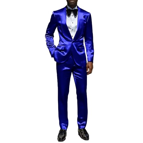 Fashion Satin Suit for Men Prom Party 2 Piece Shiny Wedding Tuxedo Suits One Button Dinner Jacket Pants Set