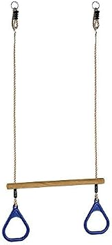 HUAWELL Wooden Trapeze with Plastic Gym Rings - Outdoor N Indoor Playground 2 in 1 Swing Set Accessories for Kids Blue