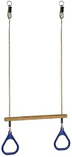 HUAWELL Wooden Trapeze with Plastic Gym Rings - Outdoor N Indoor Playground 2 in 1 Swing Set Accessories for Kids (Blue)