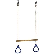 HUAWELL Wooden Trapeze with Plastic Gym Rings - Outdoor N Indoor Playground 2 in 1 Swing Set Accessories for Kids Blue