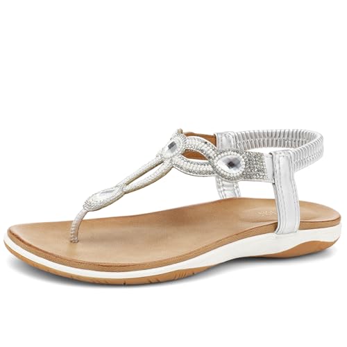 Image of UBFEN Womens Flat Sandals with Arch Support - T-Strap Thong Sandals with Elastic Back Strap, Comfortable for Walking, Bling, Rhinestone, Dressy