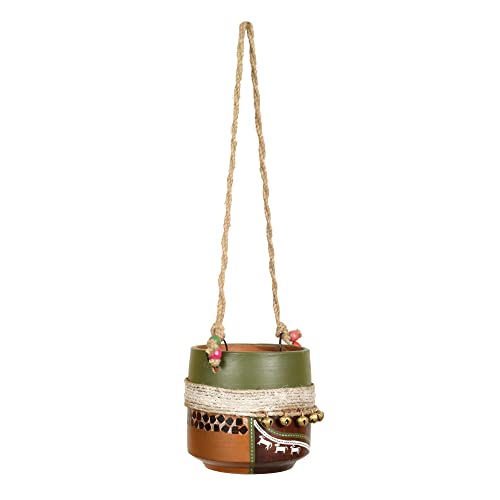 Image of AAKRITI ART CREATIONS Terracotta Hanging Planter | Jute Embellished Brown Earthen Design, Modern Art, Matte Finish | Decorative Hanging Pot for Indoor & Outdoor Home Decor