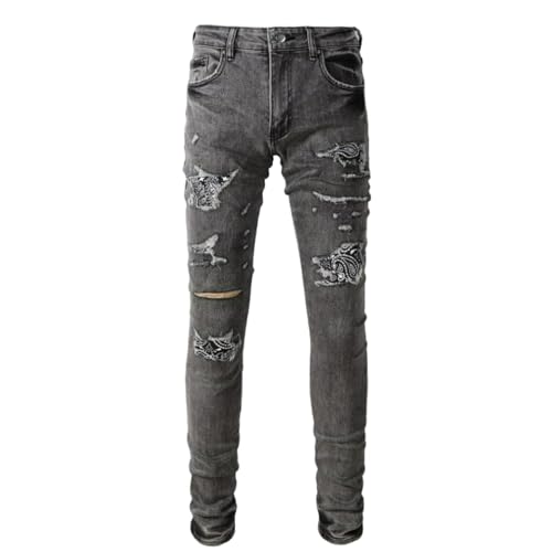 Jeans Pants Trouser Denim Men Worn Hole Stretch Slim Fit Street Trendy Embroidery Retro Washed Grinding Fading Grey Patch Casual Small Foot(Grey,33)