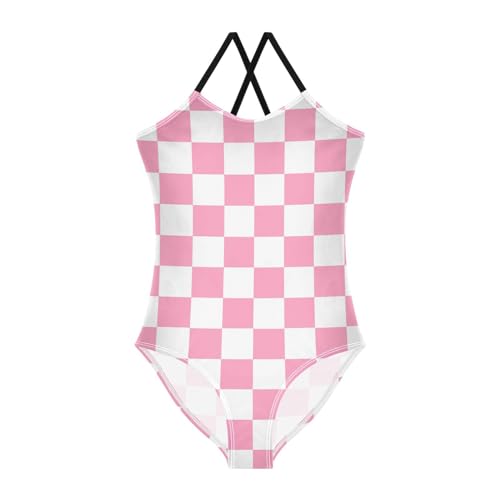 Coral Checkerboard Girls One Piece Swimsuits Sport Halter Swimwear Beach Bathing Suit 5-6T