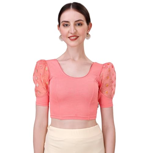 Image of SFT Women's Cotton Lycra Blend Readymade Saree Blouse with Round Neck Half Sleeves Solid Pattern Knit Weave Regular Fit and Pull On Closure