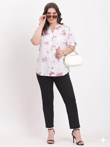 Image of SINDOORI Relaxed Fit Tops for Women Plus Size Solid Printed Mandarin Collar, Band Collar, V-Neck Top, Half Sleeve Loose Fit