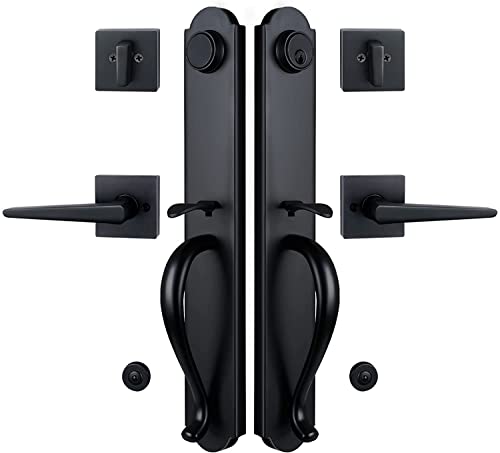 Hisafe Double Door Keyed Handle Set For Front Door, Matte Black Heavy Duty Exterior Deadbolt And Lever,Reversible For Right And Left Handed #TOP11