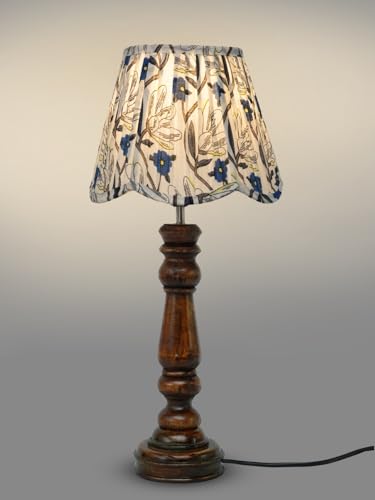 Image of Green Girgit Wooden Classic Lamp with Pleeted Multicolor Blue Floral Lotus Shape Lamp Shade