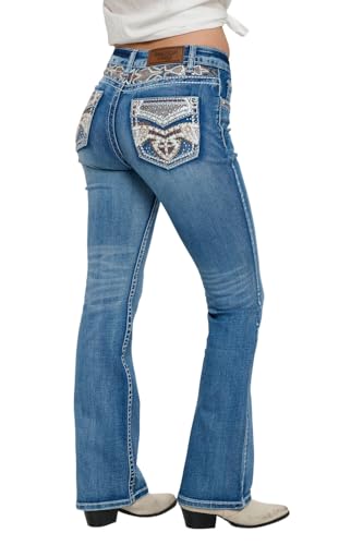 High Waisted-Rise Embroidered Feather Flare Jeans - Curvy Stretchy Bootcut Denim for Women