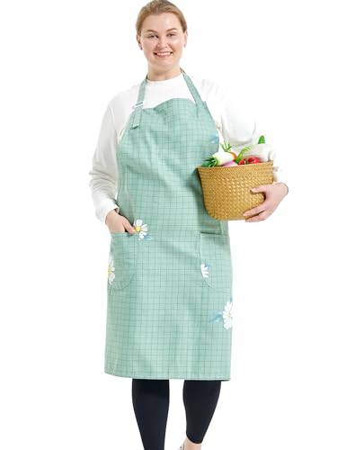 APRONNER Cotton Linen Baking Plus Size Aprons for Women with Pockets Kitchen Cooking Daisy