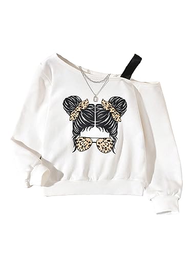 SHENHE Girl's Graphic Print Cut Out Shoulder Asymmetrical Cute Sweatshirt Pullover Top