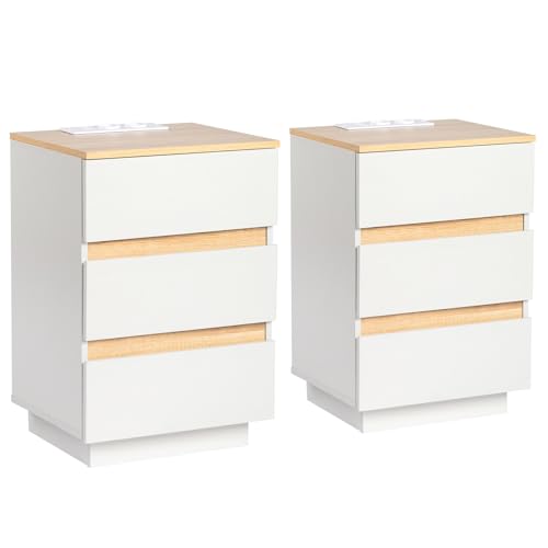 LEADZM Table de Chevet Lot de 2 avec Multiprise,Table d'appoint 3 Tiroirs, Meuble de Nuit, Commode...