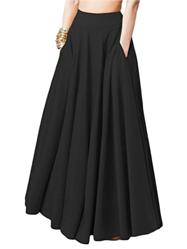 ORANDESIGNE Jupe Longue Femme Ete Taille Elastique Maxi Jupe Fluide Boho Rétro Mode Élégant Couleur Unie Jupe Plissee Trapeze Plage Casual Skirt Ete D Noir M