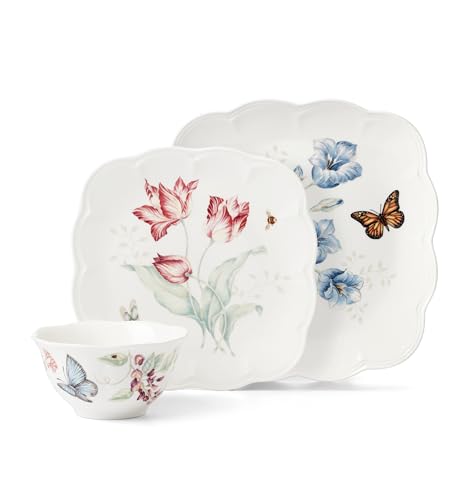 Image of Lenox Porcelain Dinnerware Sets For 6, Lenox Butterfly Meadow Collection Square 18-Piece Dinnerware Set, Service For 6, Kitchen and Dining, Round Bowls, Square Dinner Plates and Bowls Sets (18 Piece)
