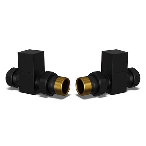 Image of UK Radiators Square Black Radiator Valve Pair - Black Matt Finish - Classy and Modern Design 1/2" x 10mm Straight Radiator Valve Pair - Pair of Valves