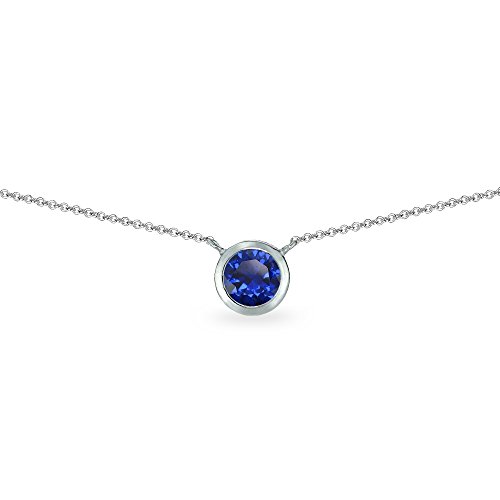 Sterling Silver Synthetic Blue Spinel 6mm Round Solitaire Bezel-Set Dainty Choker Necklace for Women Teen Girls