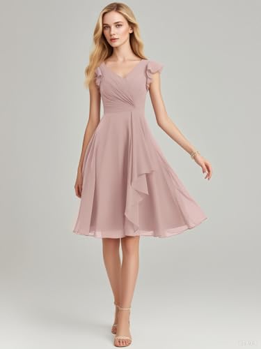 Ruffle Bridesmaid Dresses Short with Pockets Chiffon Prom Dress Flutter Sleeves V Neck Formal Evening Dress for Women4