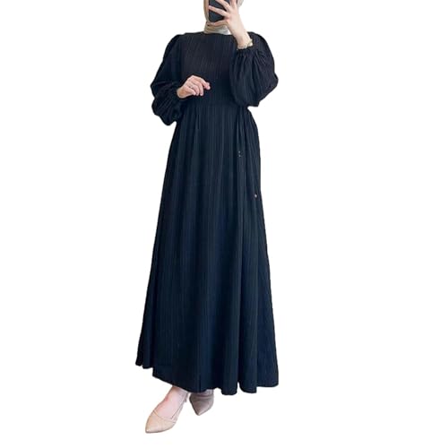 Robe longue musulmane à col rond et manches lanternes pour femme