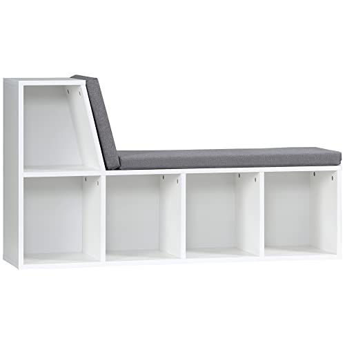HOMCOM Bibliothèque Banc 2 en 1 avec 5 Compartiments de Rangement et 2 Coussins étagère de Rangement Livres 108 x 30 x 60 cm Blanc Gris