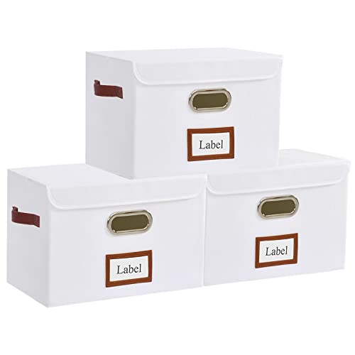 Yawinhe Cajas Almacenajes Plegables, Juego de 3, Cajas Organizadoras con Tapa y Asa, Lino para Juguetes, Ropa, Libros, y más, Beige, SNK038W-3 Cover