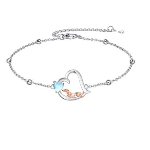 Bracelet chien teckel en argent 925 et pierre de lune réglable pour femme