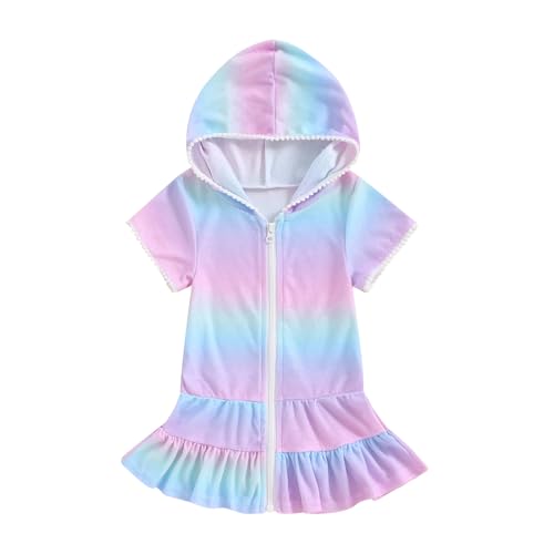 Girls Gradient Color Swim Cover Up One Piece Swimsuit Tie Dye Zip Short Sleeve Ruffle Hooded Terry Coverup Swimwear