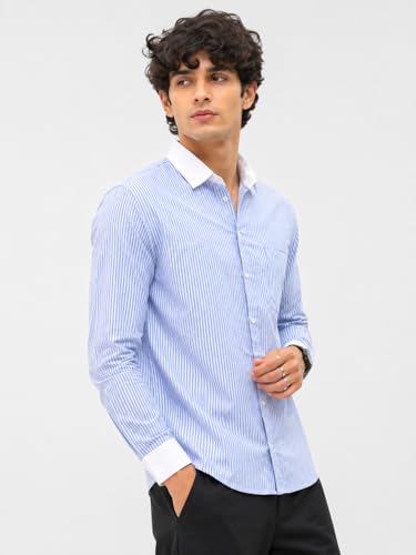 Image of Men's Striped Casual Shirt | White Collar & White Cuff Design | Full Sleeve Cotton Blend Shirt for Men | Slim Fit Stylish Casual Wear