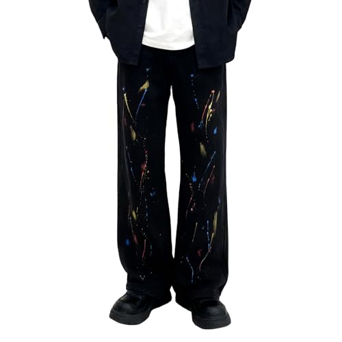 Foweknow Pantalones vaqueros holgados para hombre con estampado hip hop, pierna recta, informal, vintage, vaquero, ropa de calle, corte holgado, pierna ancha Y2K Harajuku Pants Fashion Straight Leg