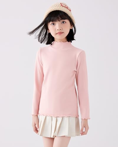 Image of ACESTAR Girls Solid Lettuce Trim Mock Neck Shirt Long Sleeve Slim Fit Ribbed Knit Tee Ruffle Tops Soft Base Layer