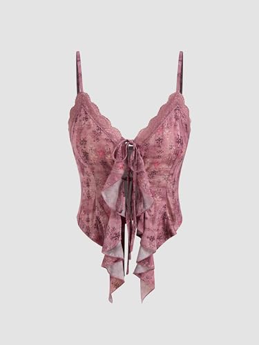 Image of CIDER Going Out Tops for Women Y2K Tie Front Lace Cowgirl Crop Tops | Asymmetrical Ruffle Hem, Spaghetti Strap, Country Concert, Western, Summer Outfits