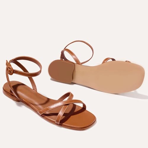 Flat Sandals for Women Open Square Toe Cross Strappy Slide Sandal Shoes Summer Slides with Buckle Ankle Strap3