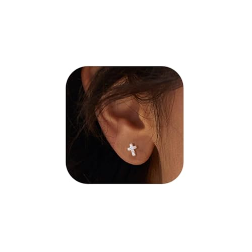 925 Sterling Silver Flat Back Studs Screw Back Earrings White Gold Plated CZ Heart Cross Lightning Snake Butterfly Tragus Helix Nap Flatback Stud Earrings Piercing Earring for Women