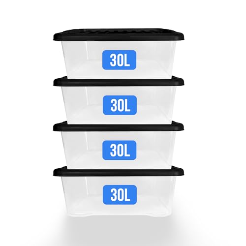 KAPCO 4 x 30L Under Bed Storage Box with Black Lid | Medium, Stackable, Multipurpose Clear Plastic Storage Boxes for Home & Office | Ideal Underbed Storage Tubs | 50 x 40 x 18cm | 30 Litre KAPCO 4 x 30L Under Bed Storage Box with Black Lid | Medium, Stackable, Multipurpose Clear Plastic Storage Boxes for Home & Office | Ideal Underbed Storage Tubs | 50 x 40 x 18cm | 30 Litre