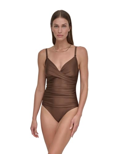 DKNY Women's Surplice Ruched Spaghetti Strap One Piece Swimsuit with Tummy Control
