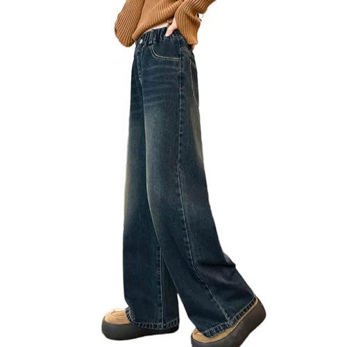 Anjikang Wide Leg Jeans for Girls Casual Baggy Straight Leg Denim Sweatpants Kids Elastic Waist Preppy Jean Pants with Pocket