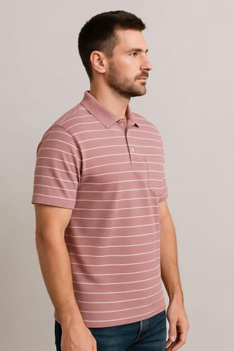 Image of WILD ELEPHANT Men Striped Polo T-Shirt | Cotton Short Sleeve Polo Neck with Button | Chest Pocket Casual Wear