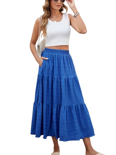 HUSKARY Women's Summer Casual Elegant Smock Layered Tiered Maxi Skirt High Waisted A Line Flowy Long Skirts with Pockets4