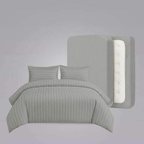Image of LINENWALAS Cotton 300 TC Fitted Bed Sheet for King Size Bed | Signature 2 CM Sateen Stripe |All-Around Elastic for 4-8 Inch Mattresses | Luxury Hotel-Style Bedding (72 x 78, Silver Grey)