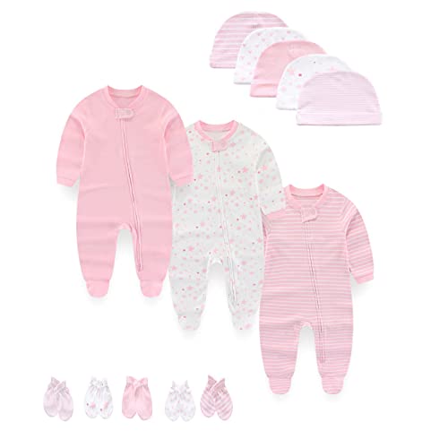 Image of MAMIMAKA Baby Boy Girls Clothes 2-Way Zip Footed Long Sleeve 100% Cotton Baby Pajamas,Newborn Caps and Scratch Mittens Set