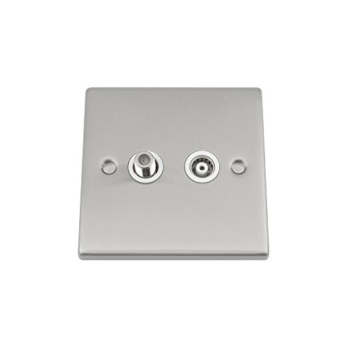 TV Aerial + Sky Satellite Wall Socket - Satin Matt Chrome Square - White Insert