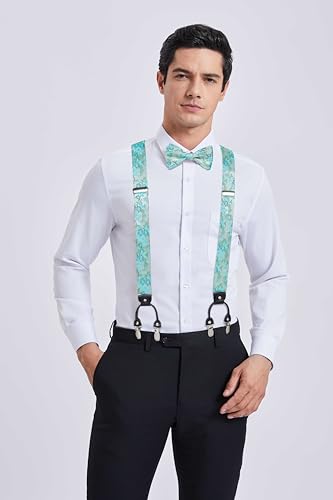 Image of HISDERN Suspenders for Men Paisley Floral Bow tie Suspender Pocket Square Sets Adjustable Y Shape 6 Clips Wedding Braces