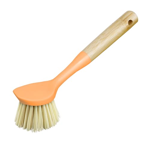 Image of OGGI Natural Bamboo Dish Brush - Non-Scratch, Odorless Nylon Bristles, Durable Scrub Brush with Scraper for Grease & Grime, Safe Cleaning Brush for Non-Stick Cookware - Orange Accent Color