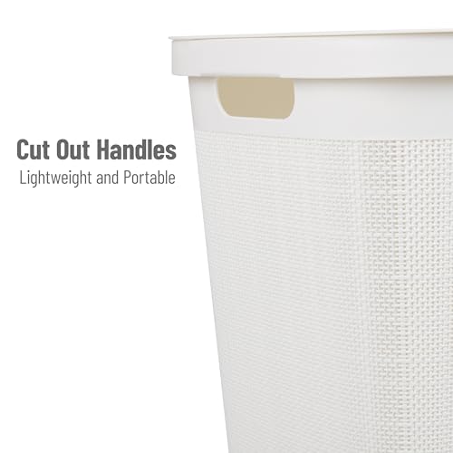 Mind Reader 60L Slim Laundry Hamper, Clothes Basket, Lid, Linen Design, Plastic, White