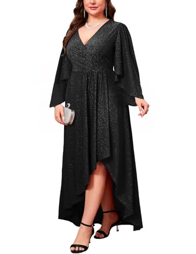 ZOMVA Plus Size 0X-4X Sparkly Glitter Formal Maxi A Line Dress Sparkle Wrap Handkerchief Sleeve Prom Cocktail Evening Gown