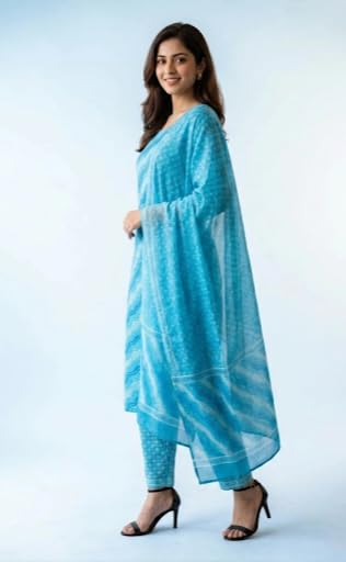 Image of Eddika women unstitched hand block printed cotton suit set with mulmul dupatta ehbpcswmd0120P