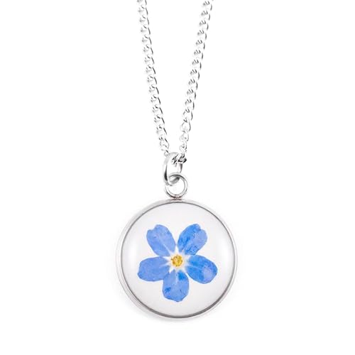 Halskette mit echter Vergissmeinnicht Blüte – Handgefertigter Anhänger an 50 cm Edelstahlkette, silberfarben | Zarter Naturschmuck & liebevolles Geschenk für Frauen