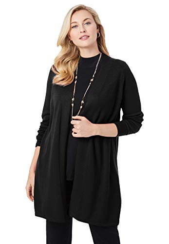 Jessica London Women's Plus Size Fine Gauge Cardigan Long Open Front Sweater - 14/16, Black