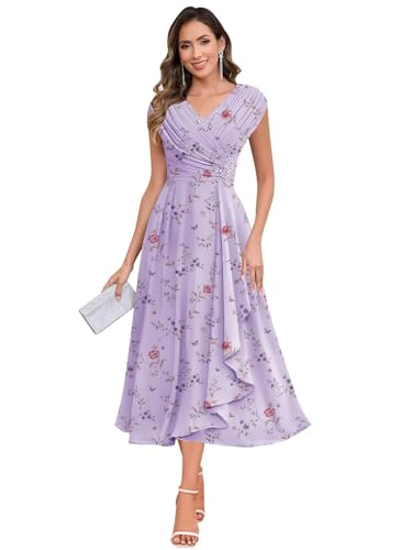 Image of BOLENSYE Cap Sleeve Floral Lilac Mother of The Bride Dresses for Wedding Lace Chiffon Mother of Groom Dress Size10