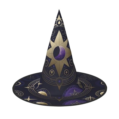 JxWCher 3 PCS Halloween Witch Hat for Adults, Mystical Symbol Pattern Print Classic Pointed Wizard Costume Cap Party Accessory